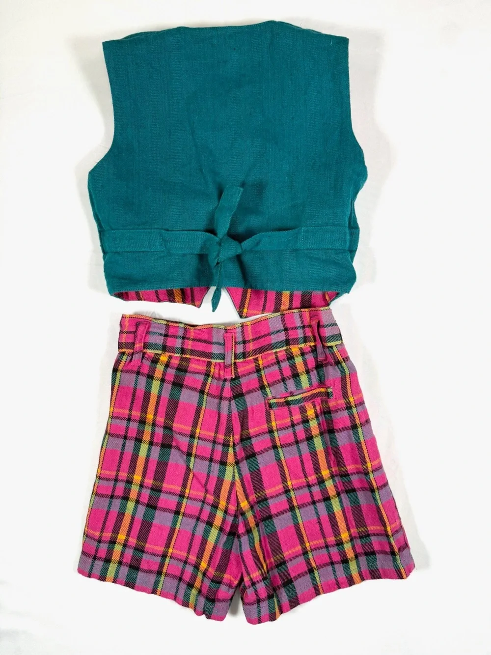 VINTAGE YAKKITY YAK 1990s Reversible Plaid Vest & Shorts Set Size 5 Cotton Rayon